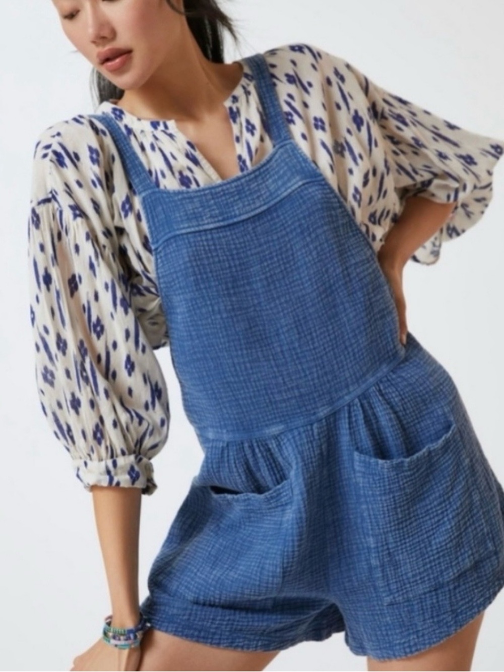 Anthropologie Blue Textured Cotton Romper
